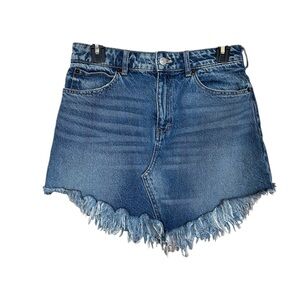Free People.Sz 28 Grunge Bailey Frayed Fringe Asymmetrical Denim Jean Skirt Mini
